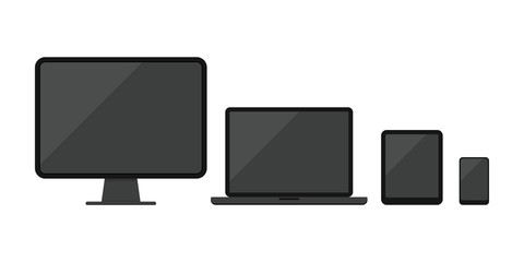 Computer desktop, laptop, tablet pc, smartphone or mobile phone icon set isolated on white background.