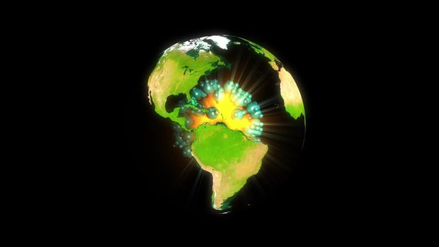 Earth map sphere with coronavirus cell inside. Globe with covid19 core. Abstract virus motion animation. made of public domain image of NASA