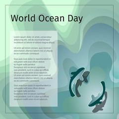 Vector banner for World Ocean Day. Vector voluminous illustration on a turquoise background for the design of posters, presentations and advertising.