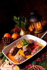 Wintry beef roulades with plum and bacon stuffing and cucumber