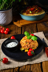 rustic bulgur fried with minced meat and vegetables