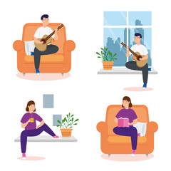 Fototapeta premium young couple reading and playing guitar vector illustration design