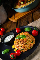 rustic bulgur fried with minced meat and vegetables