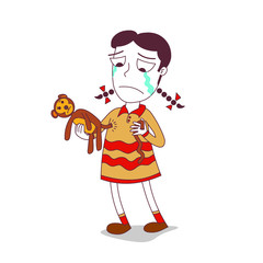 Crying little girl and her monkey doll