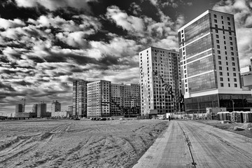 black and white urban landscape with various shades and clouds beautiful views and unusual sky