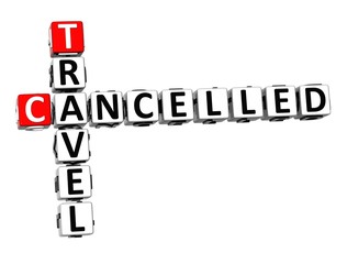 Travel Cancelled. Coronavirus COVID-19. 3D red-white crossword puzzle on white background. Corona Virus Creative Words.