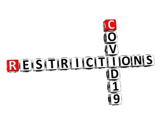 Restrictions. Coronavirus COVID-19. 3D red-white crossword puzzle on white background. Corona Virus Creative Words.