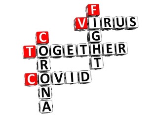 Together Fight Virus. Coronavirus COVID-19. 3D red-white crossword puzzle on white background. Corona Virus Creative Words.