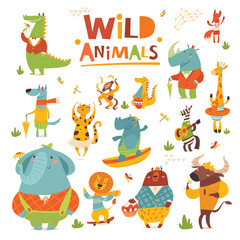 Vector cartoon Wild animals funny characters in flat style