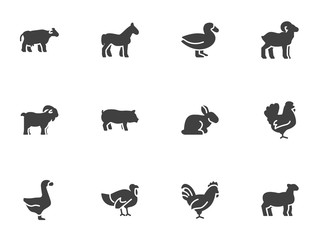Farm animals vector icons set, modern solid symbol collection, filled style pictogram pack. Signs, logo illustration. Set includes icons as cow, pig, sheep, goat, rooster, chicken, turkey, rabbit, hen