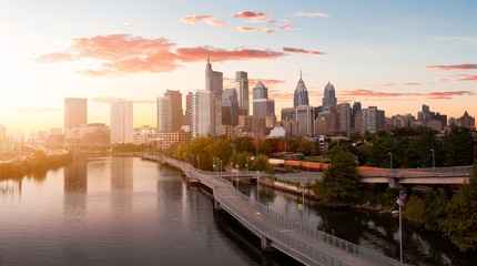 Fototapeta na wymiar Philadelphia, Pennsylvania, United States of America. Aerial Panoramic View of a Modern Downtown City. Sunset Sky Composite. Cityscape Panorama