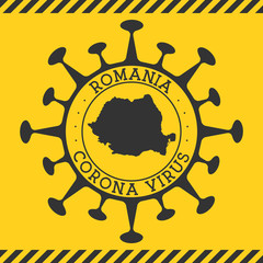 Corona virus in Romania sign. Round badge with shape of virus and Romania map. Yellow country epidemy lock down stamp. Vector illustration.