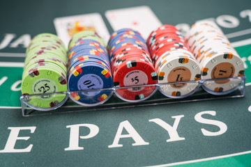 Gambling chips on a gaming table