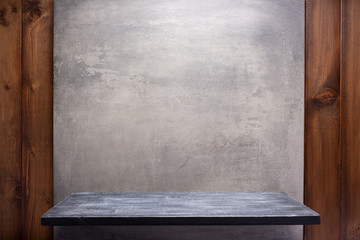 wooden shelf at cocncrete  wall background