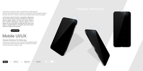 Realistic 3D model black smartphone. Mock up black phone with blank screen for printing, website, presentations and demonstration of your company on the phone