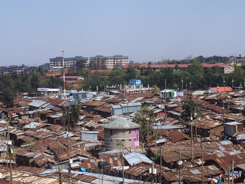 Overlooking dense buildings in Kibera, one of the largest slums in Africa, Kibera slum, Nairobi, Kenya
