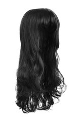 Subject shot of a natural looking deep black wig with bangs and wavy strands. The long wig is isolated on the white background. 