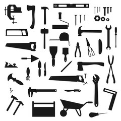 Work tool, construction, home repair and carpentry vector silhouettes icons. Woodwork and DIY building tools, handyman equipment grinder and hammer, drill, ruler and screwdriver - obrazy, fototapety, plakaty