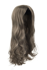 Subject shot of a natural looking ash gray wig without bangs. The long wig with wavy strands is isolated on the white background. 