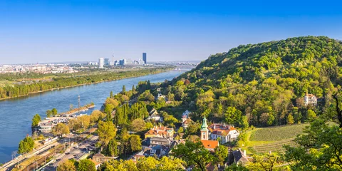 Fotobehang View of Vienna suburbs - Kahlenbergdorf with view of danube river, danube island and Vienna skyline in the back, Austria © A. Karnholz