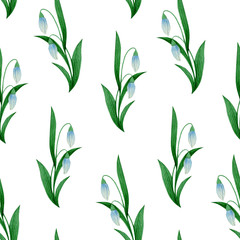 Watercolor snowdrops seamless pattern. Illustration of flowers.