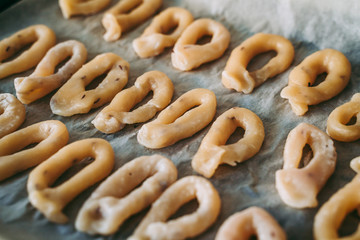Hand-made taralli salty snack, typical from Puglia, Italy