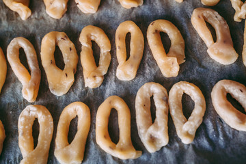 Hand-made taralli salty snack, typical from Puglia, Italy