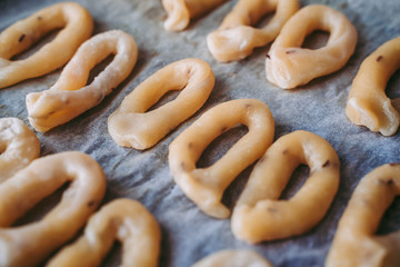 Hand-made taralli salty snack, typical from Puglia, Italy