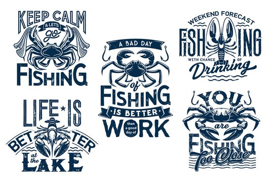 Sea crab, crayfish on water waves and lobster with fishnet. Keep calm and life on lake quotes for t-shirt print. Marine fishing vector grunge blue icons with nautical symbols and crab animals