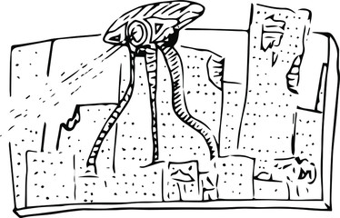 Drawn black and white giant alien tripod attack art