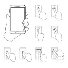 スマートフォンを操作する手のセット　線画