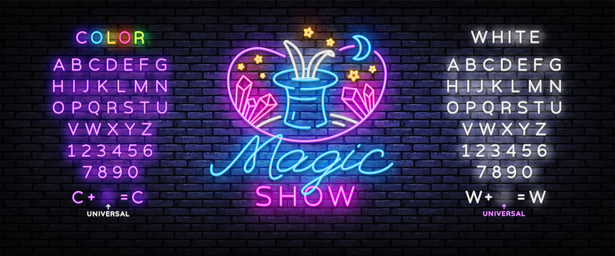 The magic show neon sign vector. Focus and entertainment Design template neon sign, light banner, nightly bright advertising, light inscription. Vector illustration. Editing text neon sign