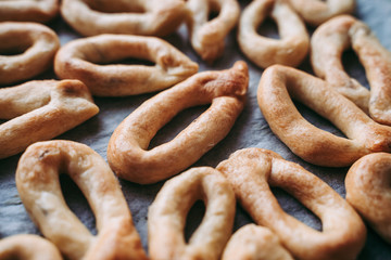 Hand-made taralli salty snack, typical from Puglia, Italy