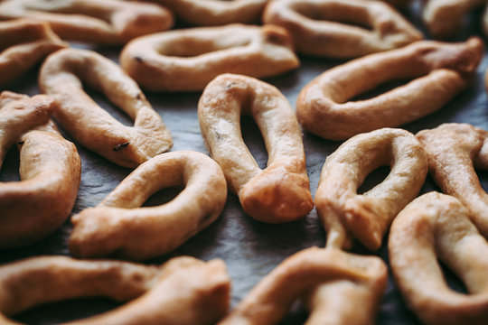 Hand-made taralli salty snack, typical from Puglia, Italy