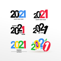 Set of Happy New Year 2021 Text Design. Business decoration sign. Brochure design template, card, banner, postcard. Vector. Isolated on white background