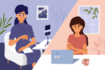 Psychology or psychotherapy online session. Video call with woman psychologist. Sad scared girl talking to psychotherapist. Support, help with mental problem, depressive disorders. Vector illustration