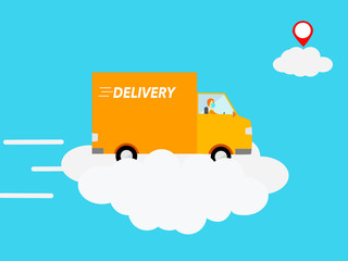Flat design delivery truck driving fast on cloud in sky concept, courier service express speed delivery, shipping transportation by postman drive car on sky shipping fast service good to business 