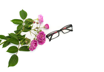 Pink flowers and eyeglasses isolated on white background