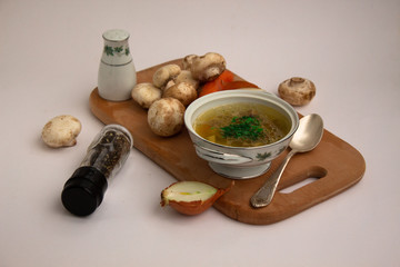 mushroom soup on the wooden board