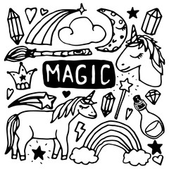 Doodle vector sketch with magic unicorns, gems, rainbow.