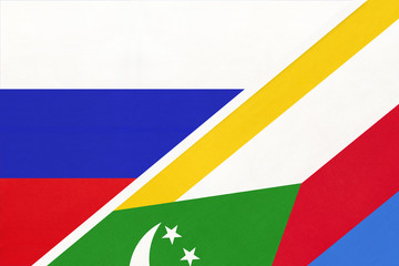 Russia vs Comoros, symbol of two national flags. Relationship between African and Asian countries.