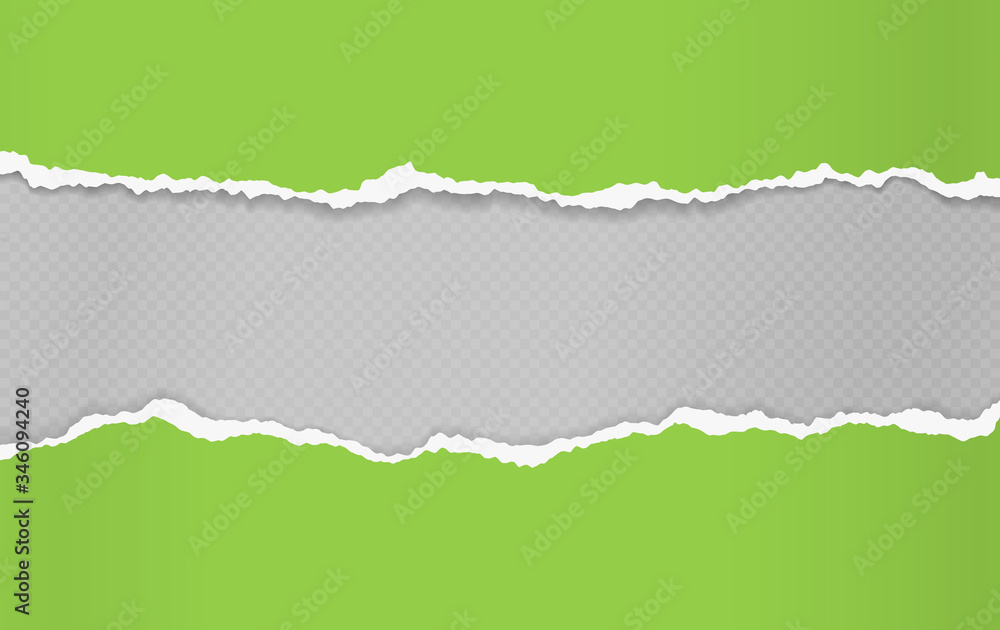 Poster torn, ripped pieces of horizontal green paper with soft shadow are on squared background for text. v