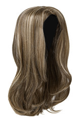 Naklejka premium Subject shot of a natural looking ashy brown wig with blonde highlights. The long wig with strands is isolated on the white background.