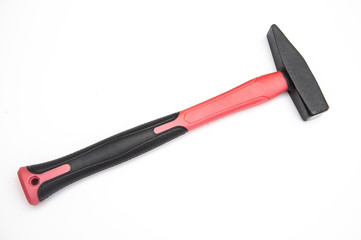 hammer with a red handle on a white background