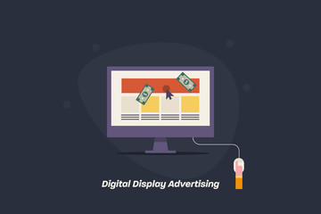 Displaying digital ads with website content, native advertising, audience clicking on advertising banner, ppc and paid marketing concept.