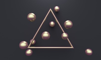 Abstract black background with golden triangle and sphere. 3d rendering