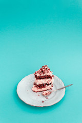 Piece of cake on vintage white plate.