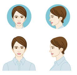Short hair woman portrait clip art set - side view and front view
