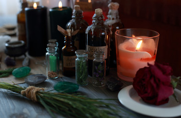 magic ritual with runes and pentagram and magical attributes