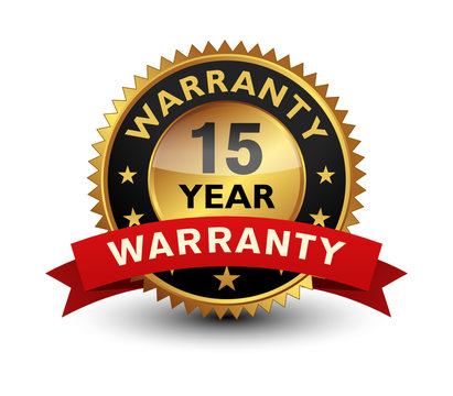 15 Year warranty golden seal, stamp, badge, stamp, sign, label with red ribbon isolated on white background.	